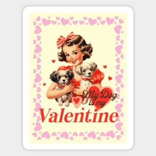 Valentine's Day Illustration For Dog Lovers - Girl With Two Puppies - Vintage Art Magnet